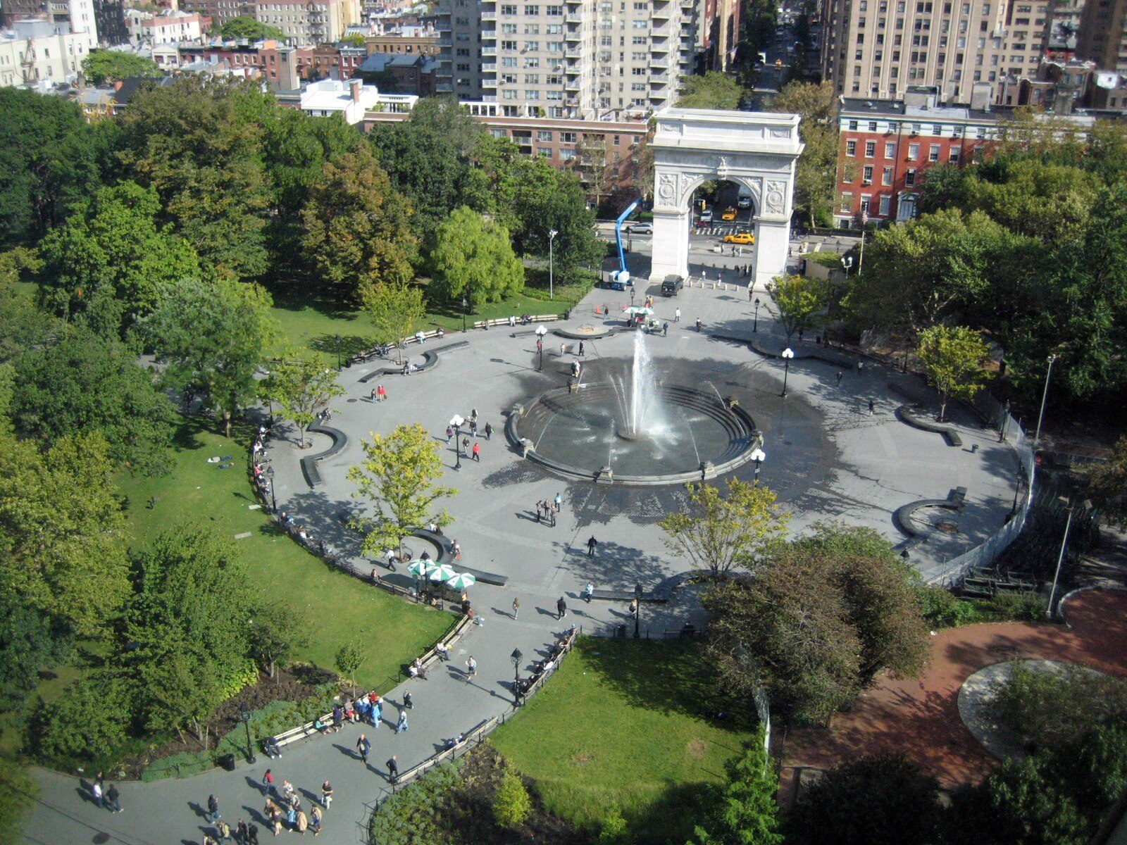 Washington Square Park from above, with the arch and the fountain
