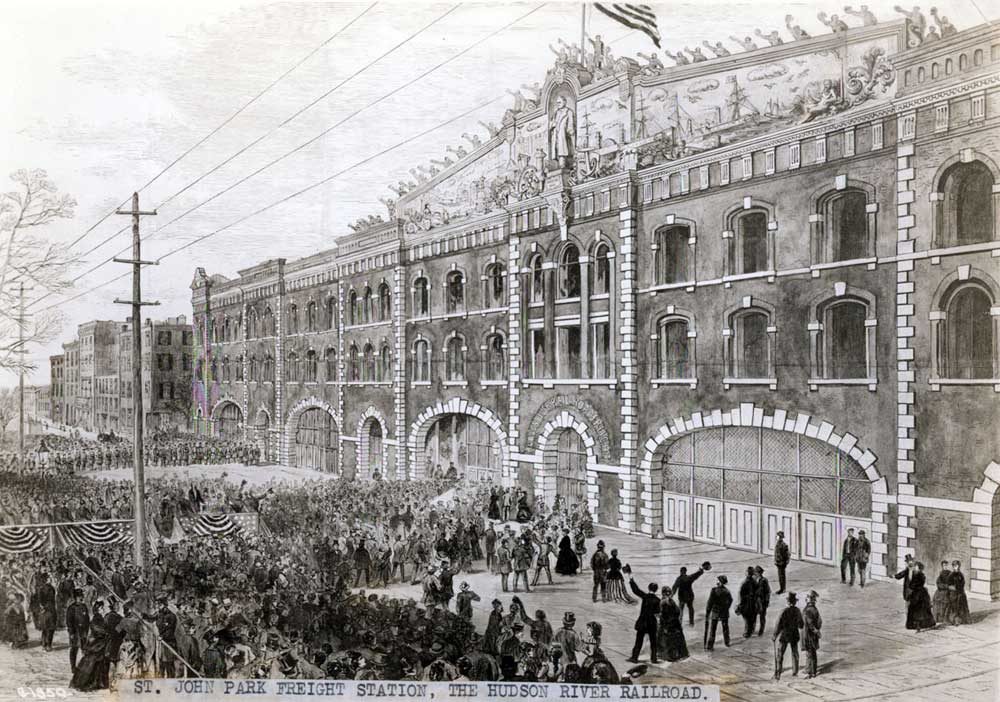 St. John’s Park Freight Station of the Hudson River Railroad, in an 1869 illustration